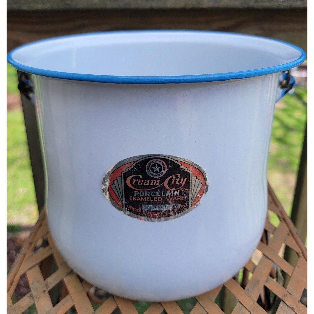 Vintage Cream City Farmhouse Rustic Bucket White Blue Enamelware Porcelain Pail